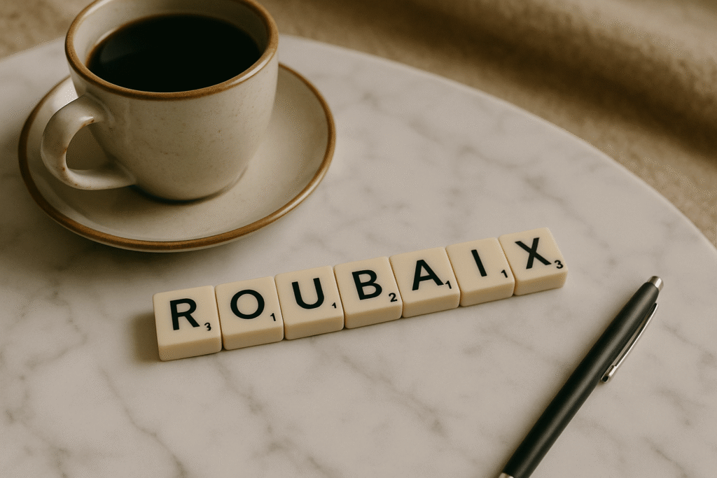 Un plan rapproché révèle le mot "Roubaix" écrit avec des lettres de Scrabble. Autour du mot, une tasse de café et un stylo complètent l'arrangement, le tout reposant sur une élégante table en marbre blanc.