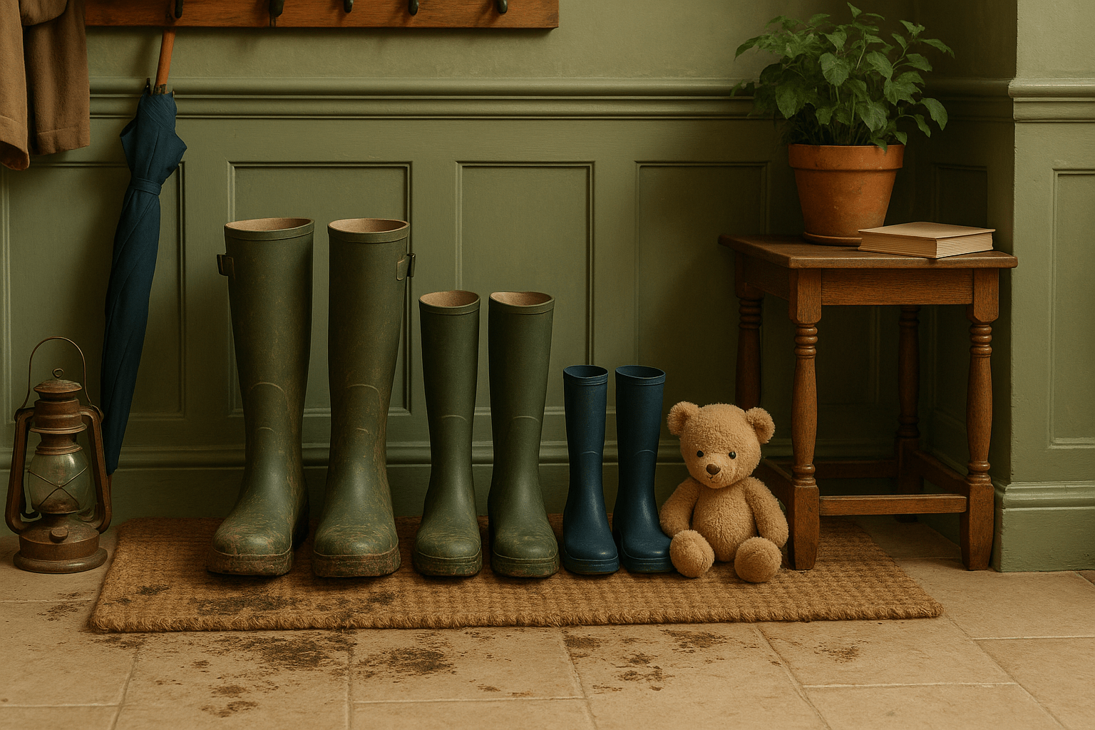 Dans un hall d'entrée, trois paires de bottes en caoutchouc usagées sont rangées sur un paillasson. De gauche à droite, on voit une grande paire de bottes vertes, une paire moyenne également verte, et une petite paire bleu marine. Un ours en peluche marron est assis à côté des bottes les plus petites. Le sol et les bottes présentent quelques éclaboussures de boue, suggérant une activité récente à l'extérieur. Les murs verts sont ornés de moulures classiques. Un porte-manteau mural en bois supporte un parapluie bleu.
