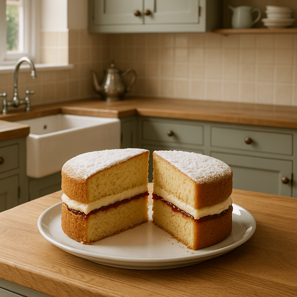 Un gâteau moelleux, coupé en deux, repose dans une assiette blanche. Il est composé d'une couche de framboises, surmontée d’une crème blanche, puis recouverte d’une seconde couche de génoise. En arrière-plan, on aperçoit une cuisine vert olive au style champêtre, avec un plan de travail en bois et une vasque dépassant de l’îlot. L’ensemble dégage une ambiance chaleureuse et rustique.