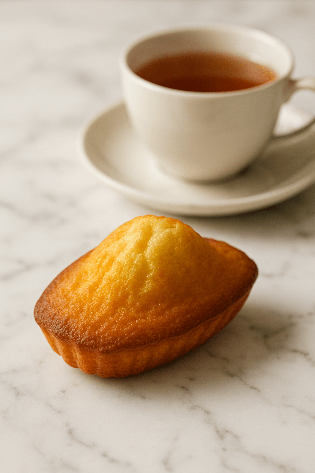 Une madeleine dorée repose devant d’une tasse de café chaud sur une élégante table en marbre blanc veinée de gris. La scène dégage une atmosphère douce et raffinée, évoquant un moment de pause ou de gourmandise. La lumière naturelle met en valeur les textures du marbre, la surface moelleuse de la madeleine.
